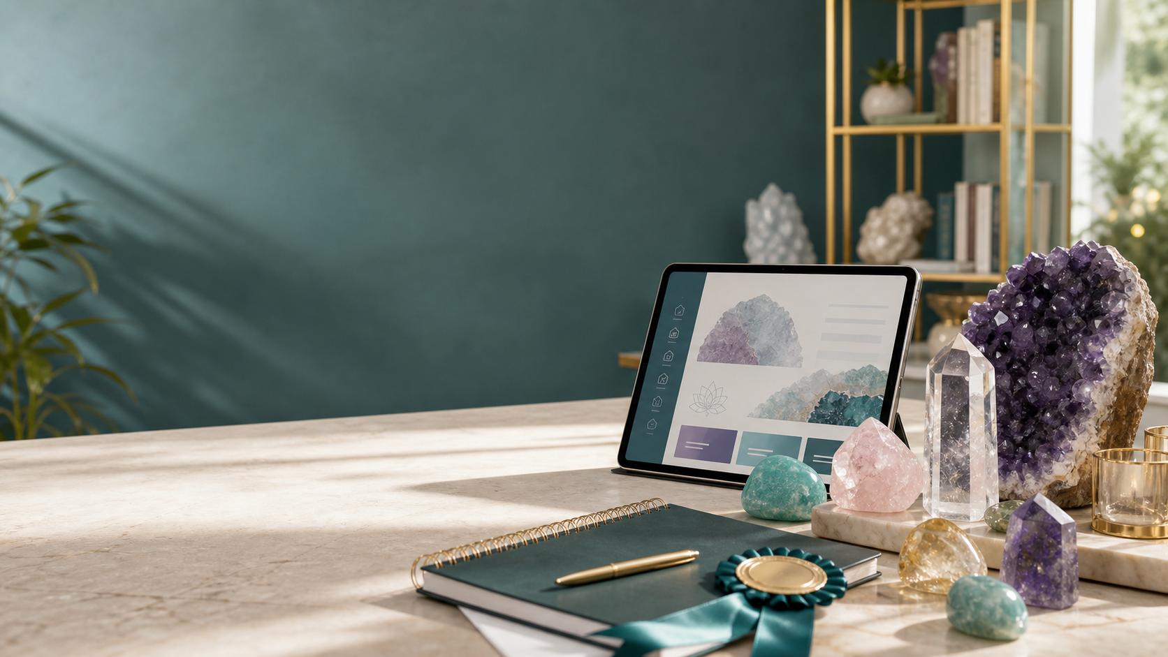 Cristaux, tablette de cours et certificat sur un bureau lumineux